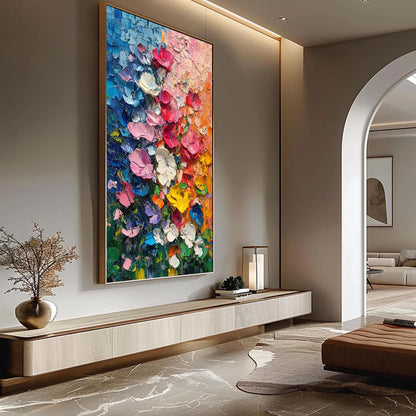 Textured Impasto Flower Painting, Palette Knife Floral Wall Art, 3D Canvas Living Room Decor – Colorful Flower Garden Floral 