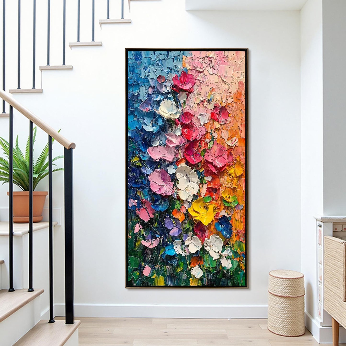 Textured Impasto Flower Painting, Palette Knife Floral Wall Art, 3D Canvas Living Room Decor – Colorful Flower Garden Floral 
