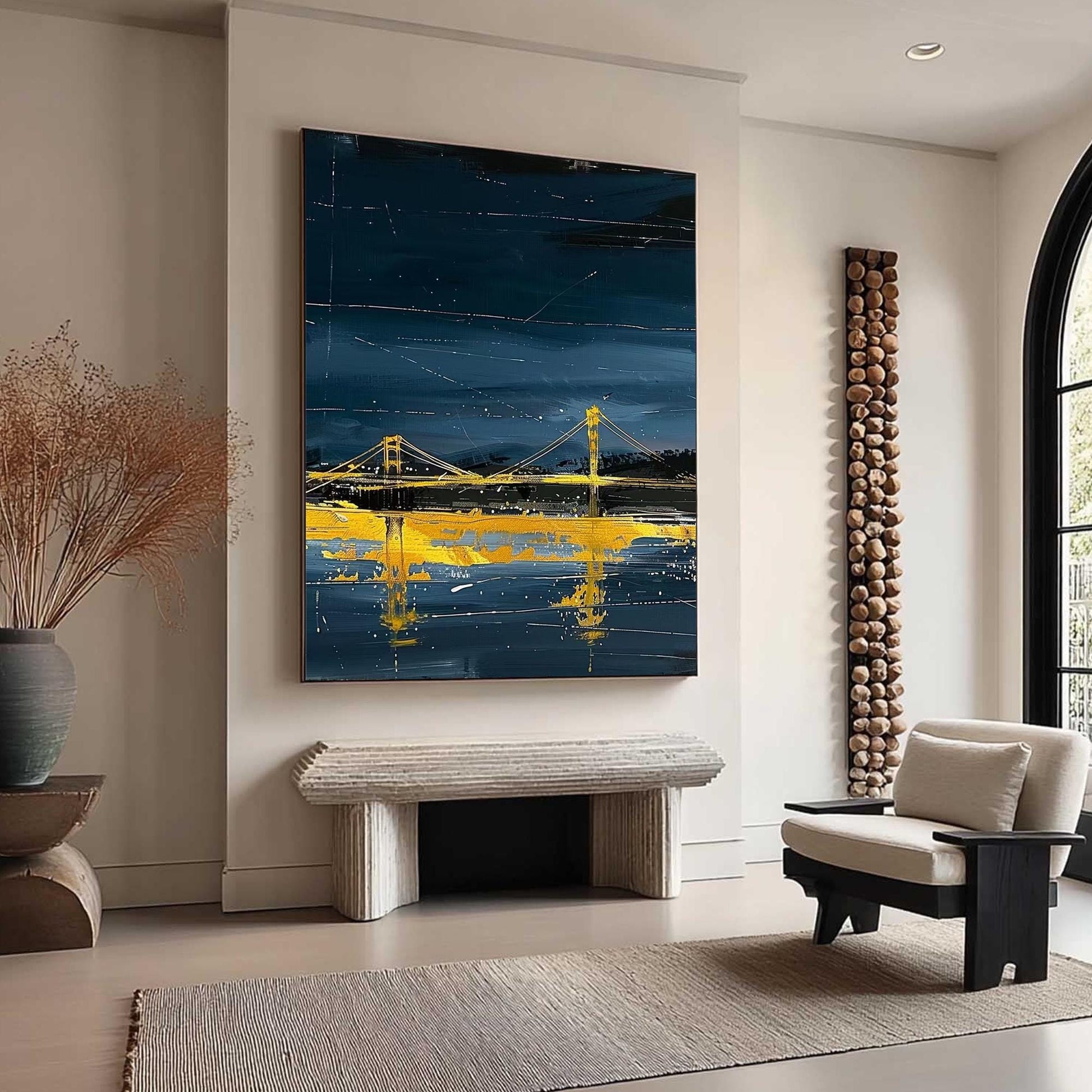 Abstract Bridge Painting, Gold Cityscape Wall Art, Navy Textured Canvas, Moody Urban Decor – Navy and Gold Bridge City Archit