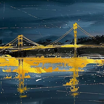 Abstract Bridge Painting, Gold Cityscape Wall Art, Navy Textured Canvas, Moody Urban Decor – Navy and Gold Bridge City Archit