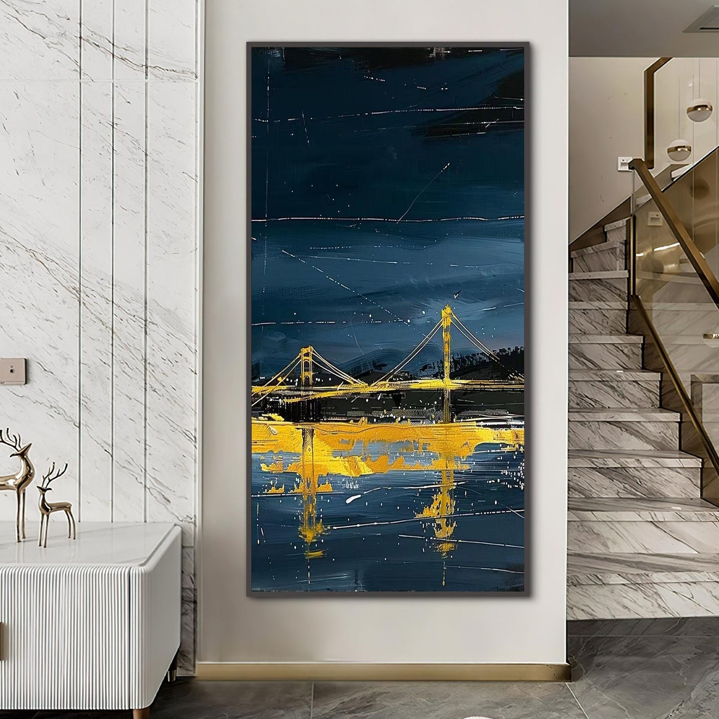 Abstract Bridge Painting, Gold Cityscape Wall Art, Navy Textured Canvas, Moody Urban Decor – Navy and Gold Bridge City Archit