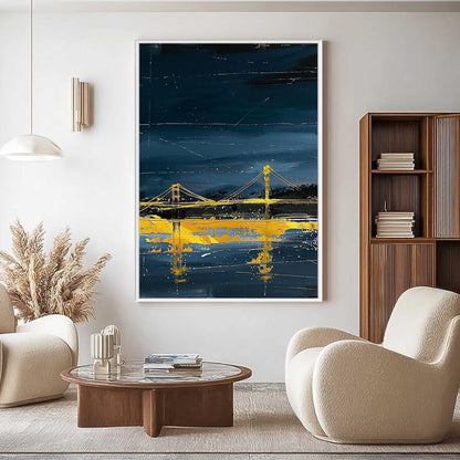 Abstract Bridge Painting, Gold Cityscape Wall Art, Navy Textured Canvas, Moody Urban Decor – Navy and Gold Bridge City Archit