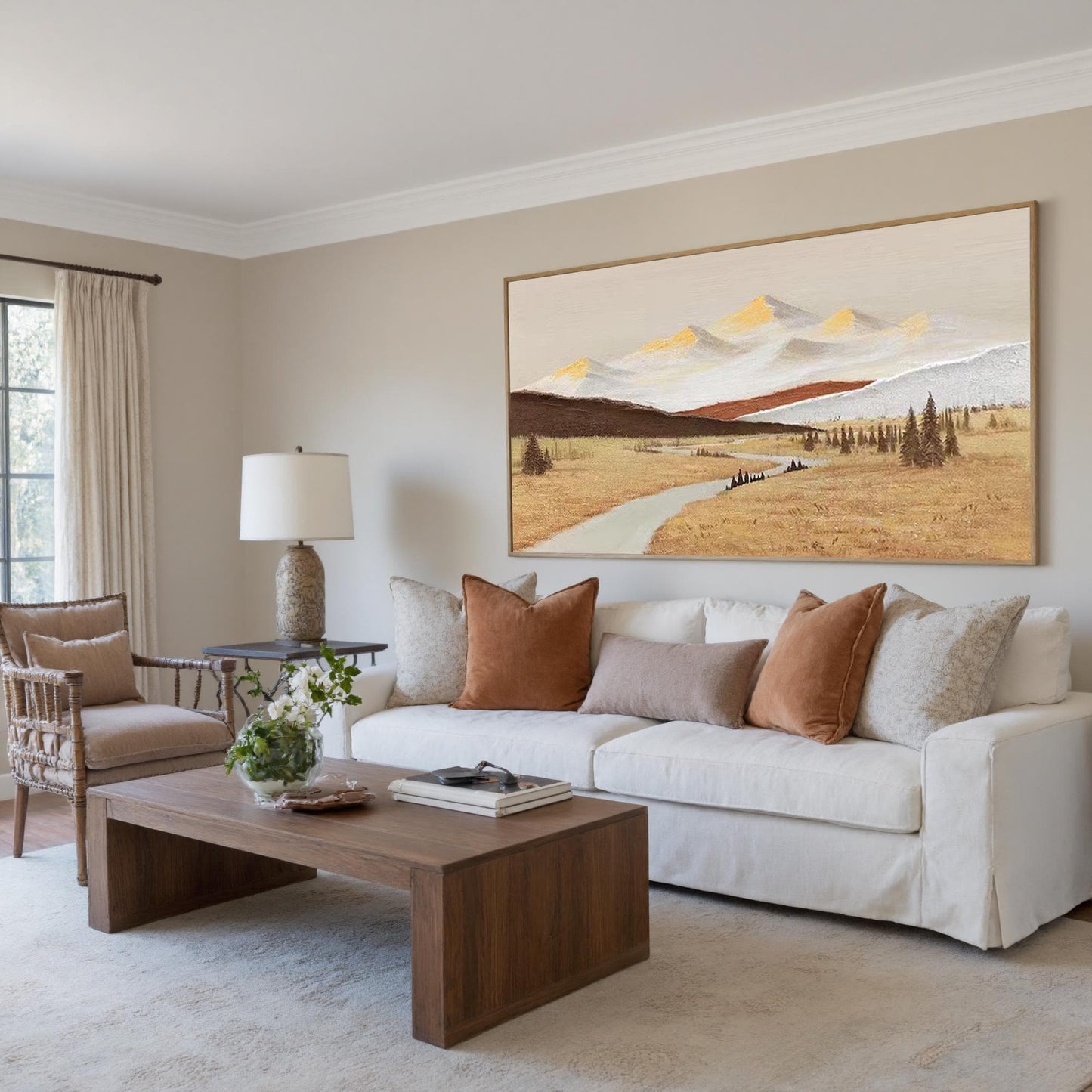 Textured Mountain Landscape Oil Painting, Golden Fields, Snow-Capped Peaks, Living Room Wall Decor – Gold Field Landscape Wal