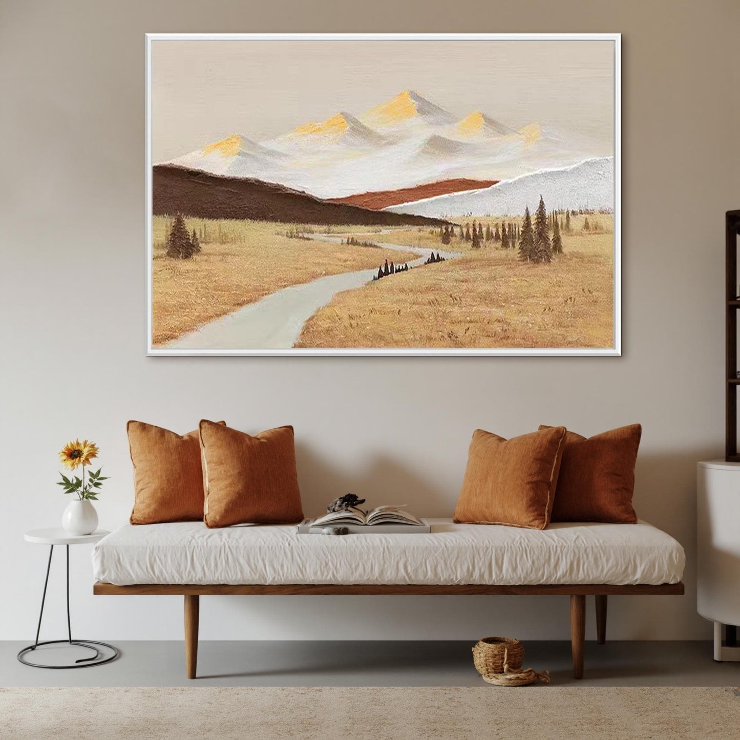 Textured Mountain Landscape Oil Painting, Golden Fields, Snow-Capped Peaks, Living Room Wall Decor – Gold Field Landscape Wal