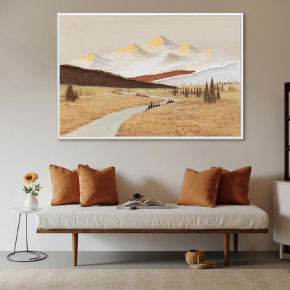 Textured Mountain Landscape Oil Painting, Golden Fields, Snow-Capped Peaks, Living Room Wall Decor – Gold Field Landscape Wal