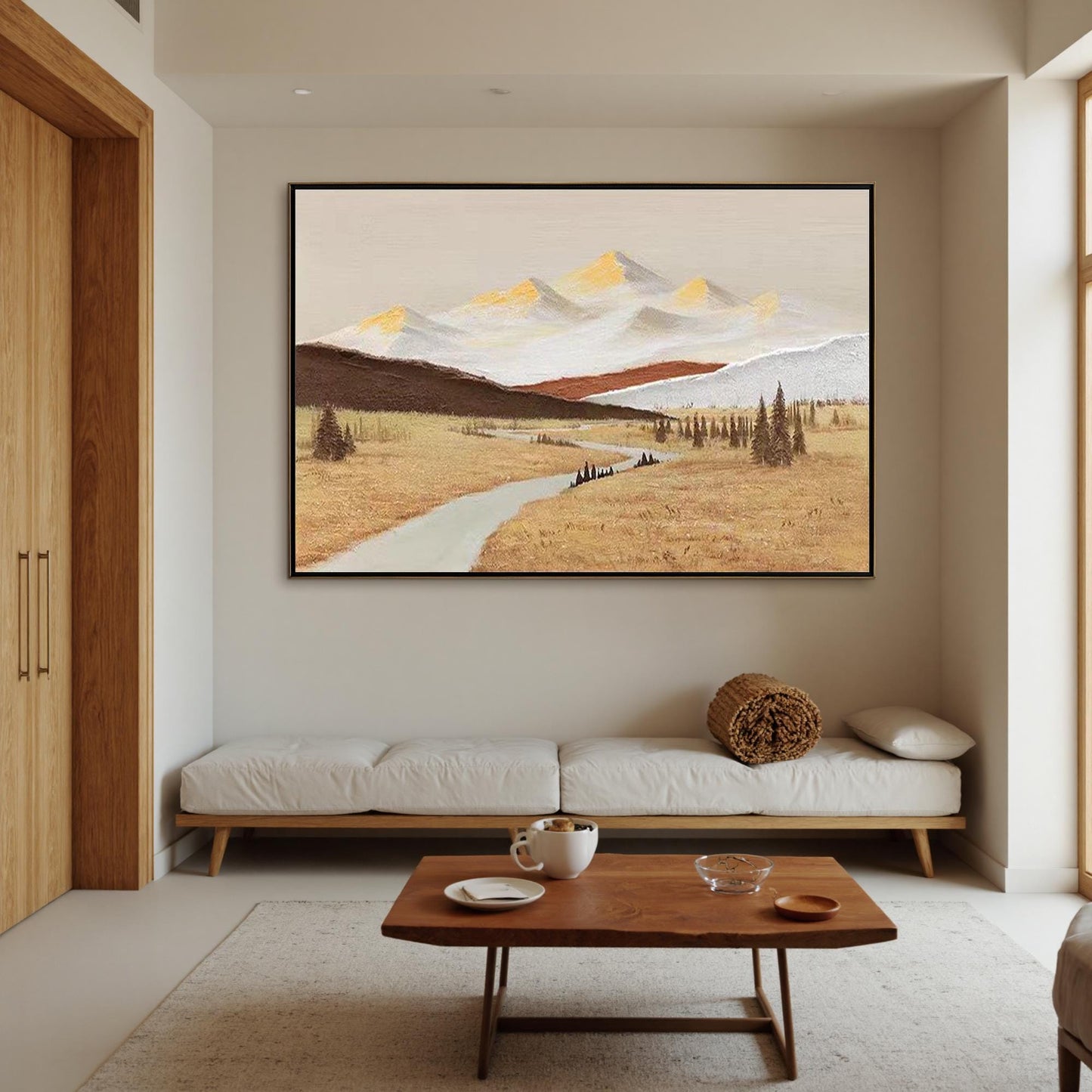 Gold Impasto Field Landscape Wall Art – Textured Mountain Landscape Oil Painting