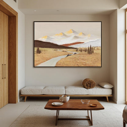 Gold Impasto Field Landscape Wall Art – Textured Mountain Landscape Oil Painting