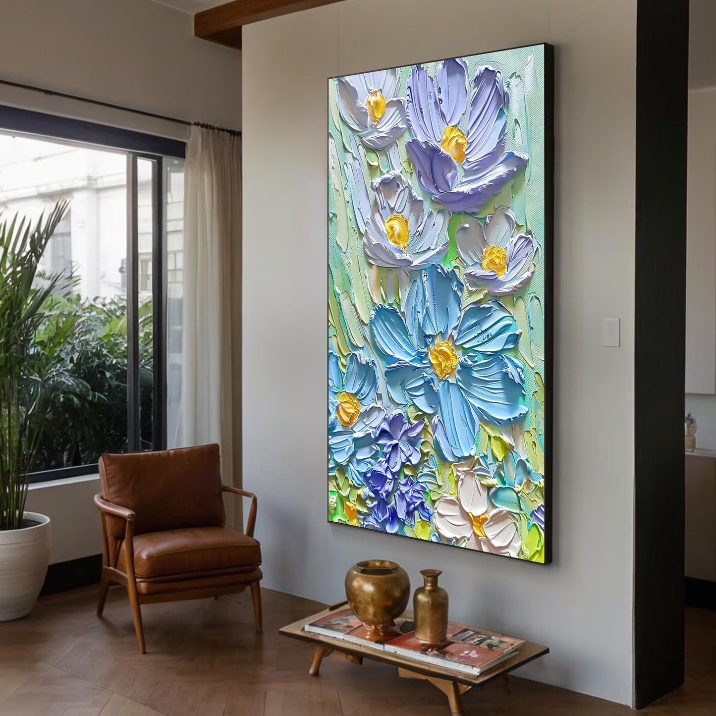 Textured Floral Oil Painting, Blue Yellow Bouquet Impasto Art, Vibrant Flower Wall Decor – Blue and Yellow Rose Floral Wall A