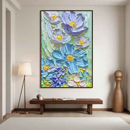 Textured Floral Oil Painting, Blue Yellow Bouquet Impasto Art, Vibrant Flower Wall Decor – Blue and Yellow Rose Floral Wall A