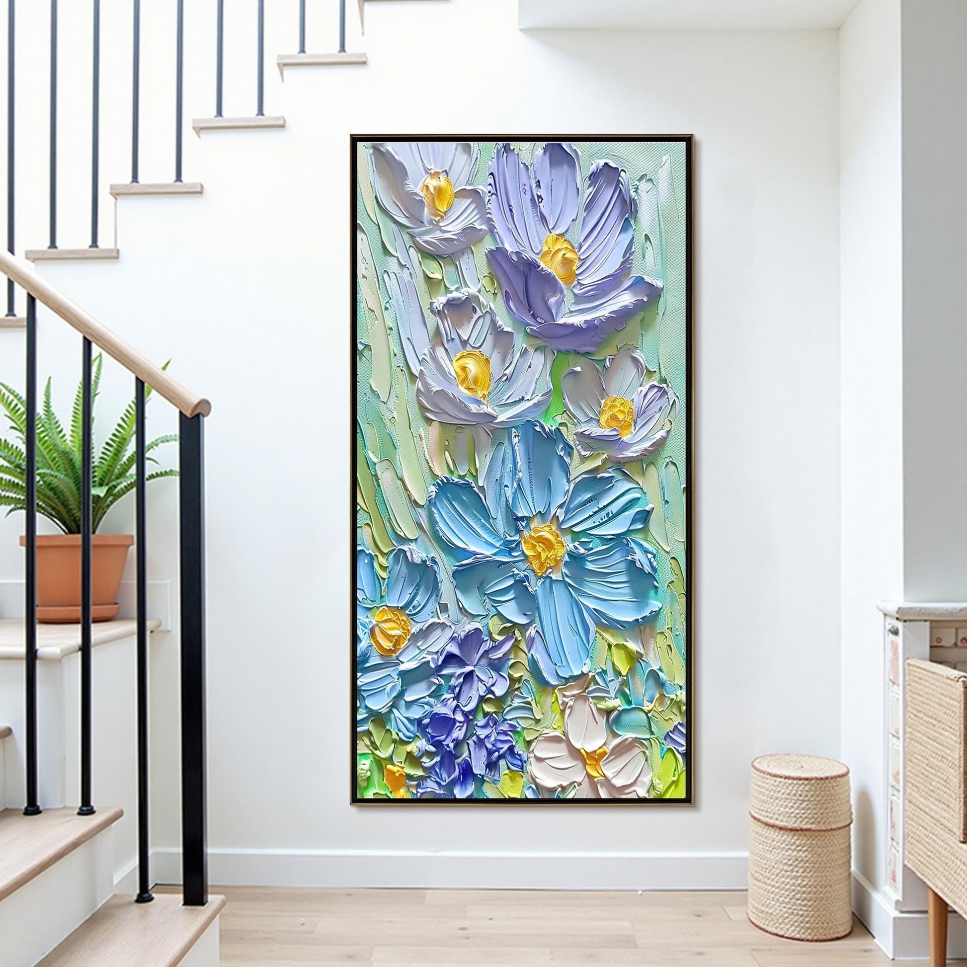 Textured Floral Oil Painting, Blue Yellow Bouquet Impasto Art, Vibrant Flower Wall Decor – Blue and Yellow Rose Floral Wall A