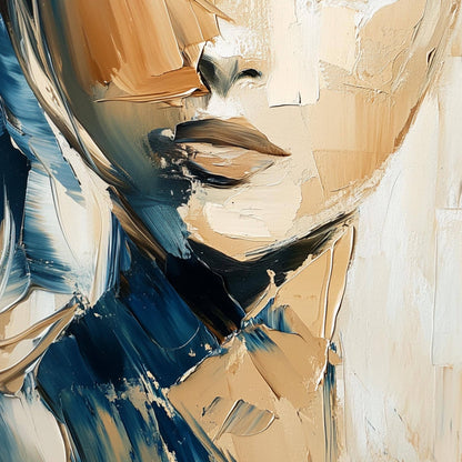 Blue and Beige Abstract Impasto Female Figure Portrait Wall Art