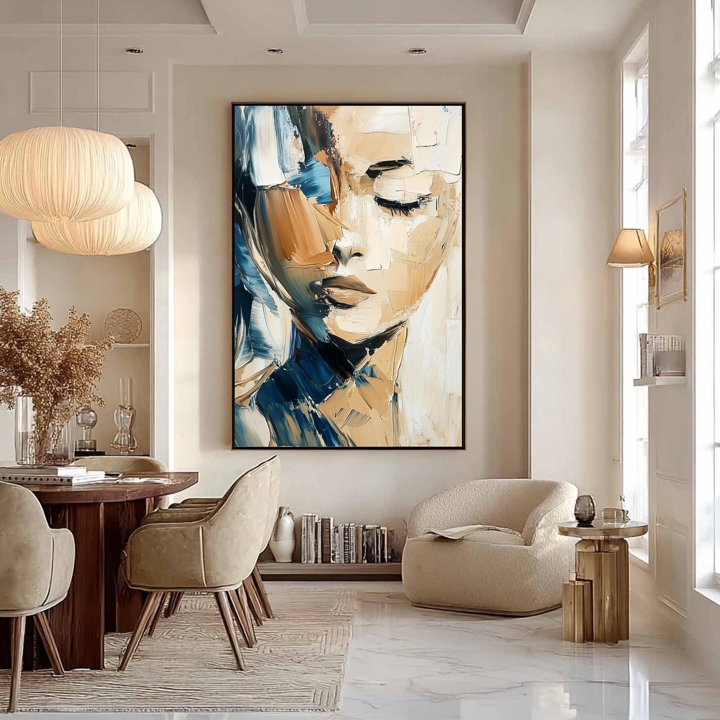 Blue and Beige Abstract Impasto Female Figure Portrait Wall Art
