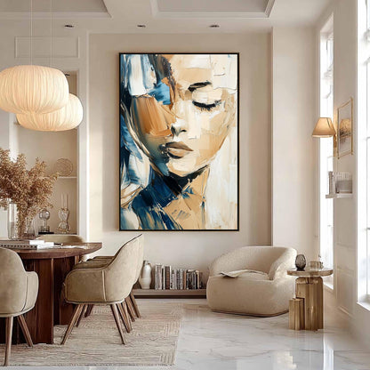 Blue and Beige Abstract Impasto Female Figure Portrait Wall Art