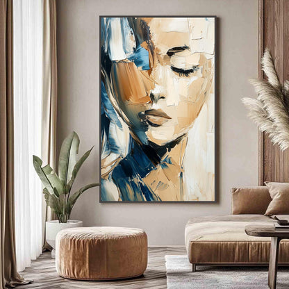 Textured Abstract Woman Portrait Painting, Palette Knife Art, Blue Beige Decor – Blue and Beige Female Figure Portrait Wall A