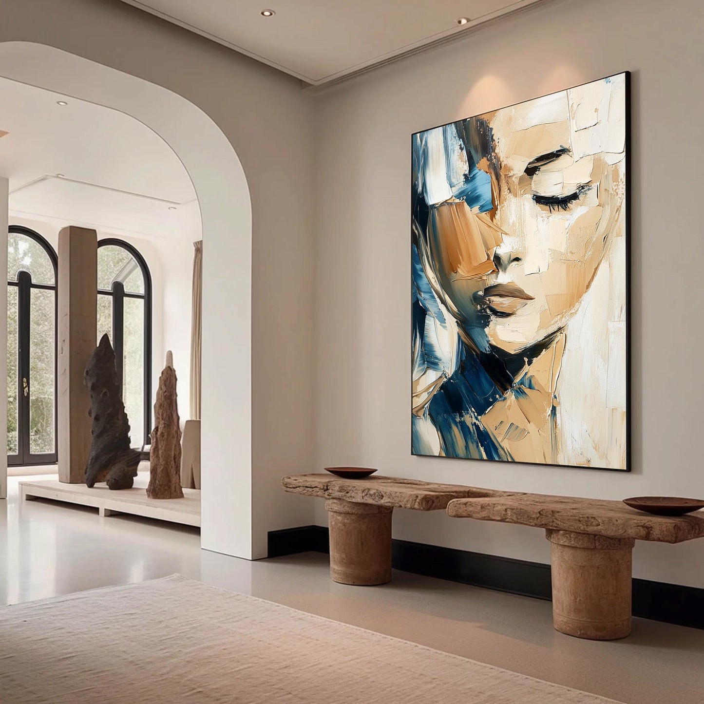 Textured Abstract Woman Portrait Painting, Palette Knife Art, Blue Beige Decor – Blue and Beige Female Figure Portrait Wall A