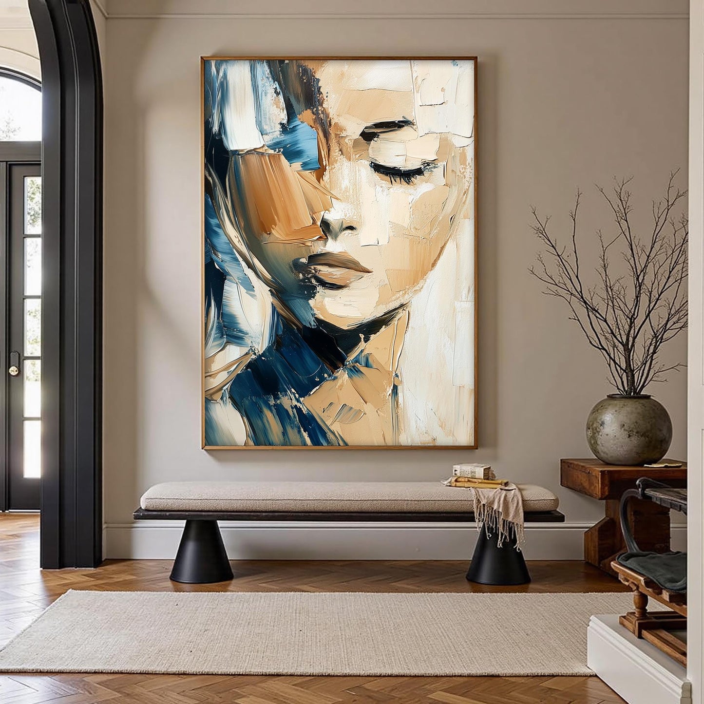 Textured Abstract Woman Portrait Painting, Palette Knife Art, Blue Beige Decor – Blue and Beige Female Figure Portrait Wall A
