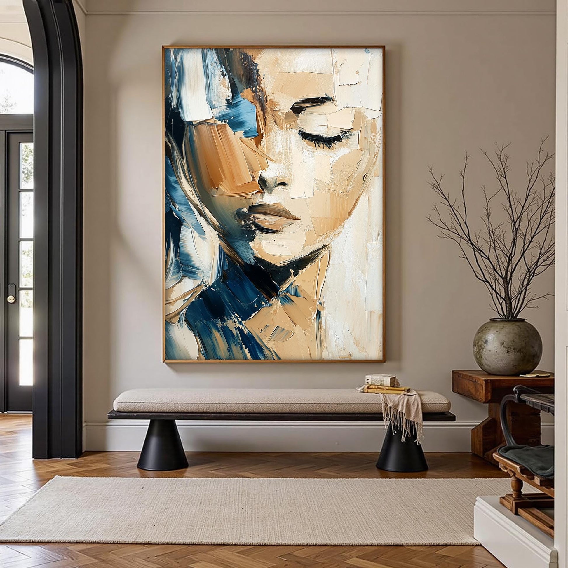 Textured Abstract Woman Portrait Painting, Palette Knife Art, Blue Beige Decor – Blue and Beige Female Figure Portrait Wall A