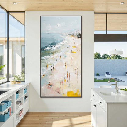 Textured Abstract Beach Painting, Impasto Ocean Seascape Canvas, Coastal Living Room Art – Yellow Beach Seascape Wall Art | A