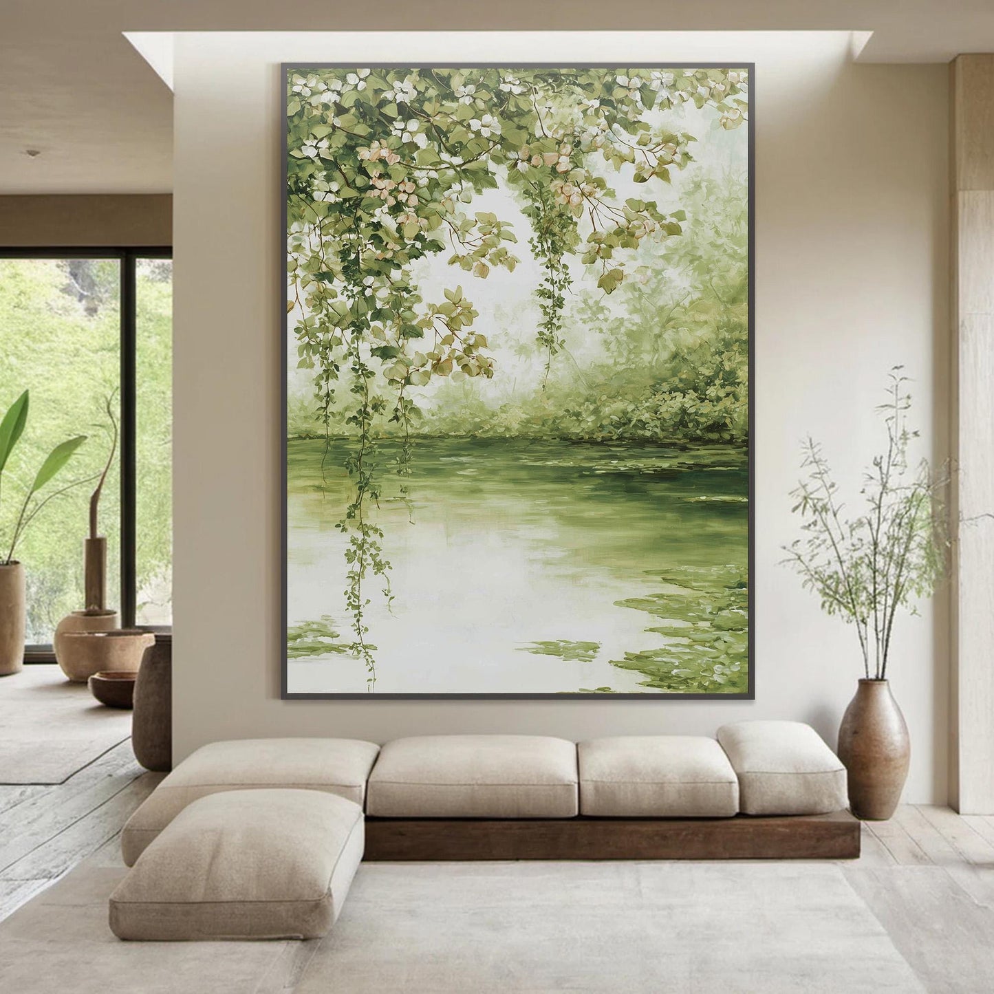 Sage and Green Impressionist Textured Lake Landscape Wall Art – Vintage Pond