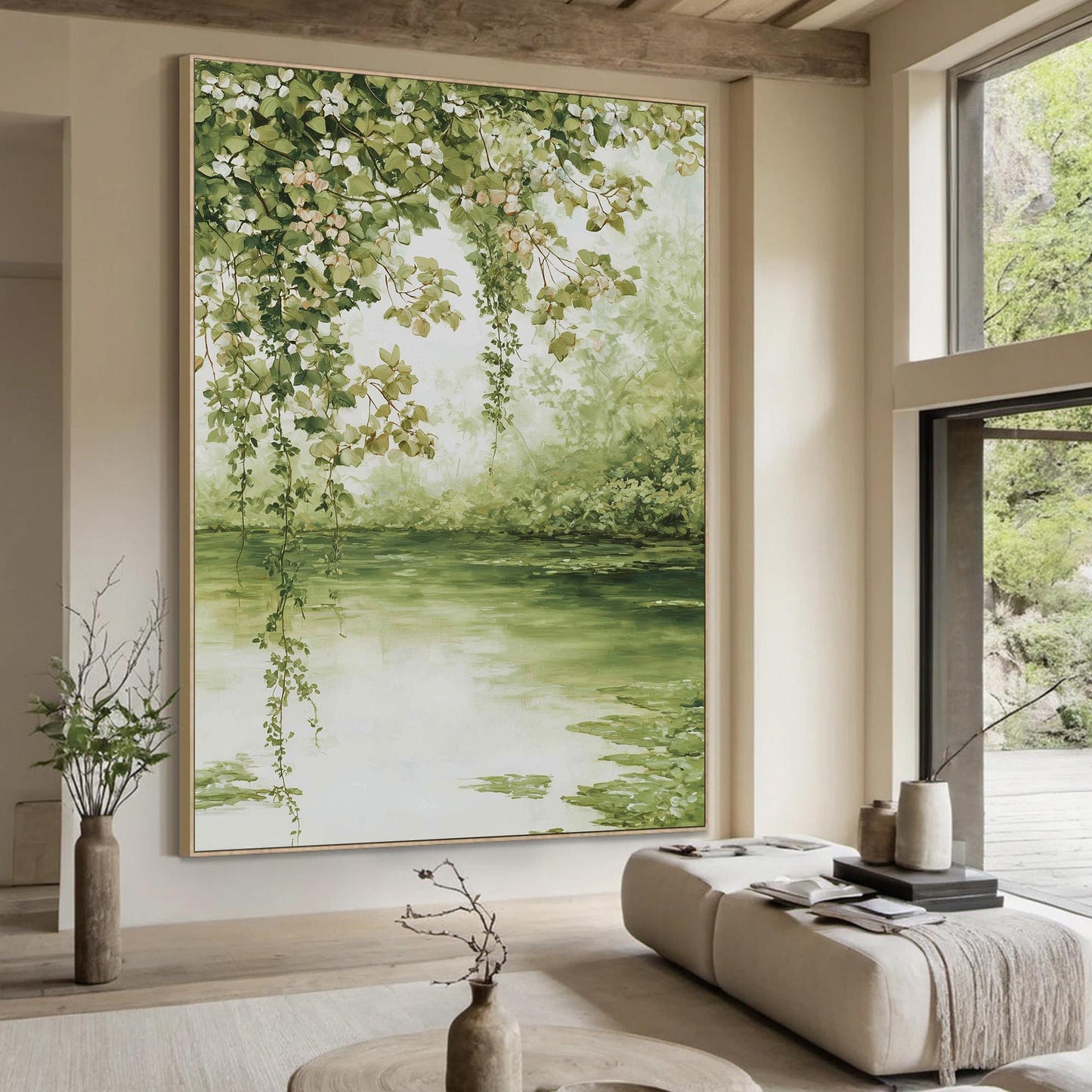 Vintage Pond – Sage and Green Lake Landscape Wall Art | Textured Painting, view 2
