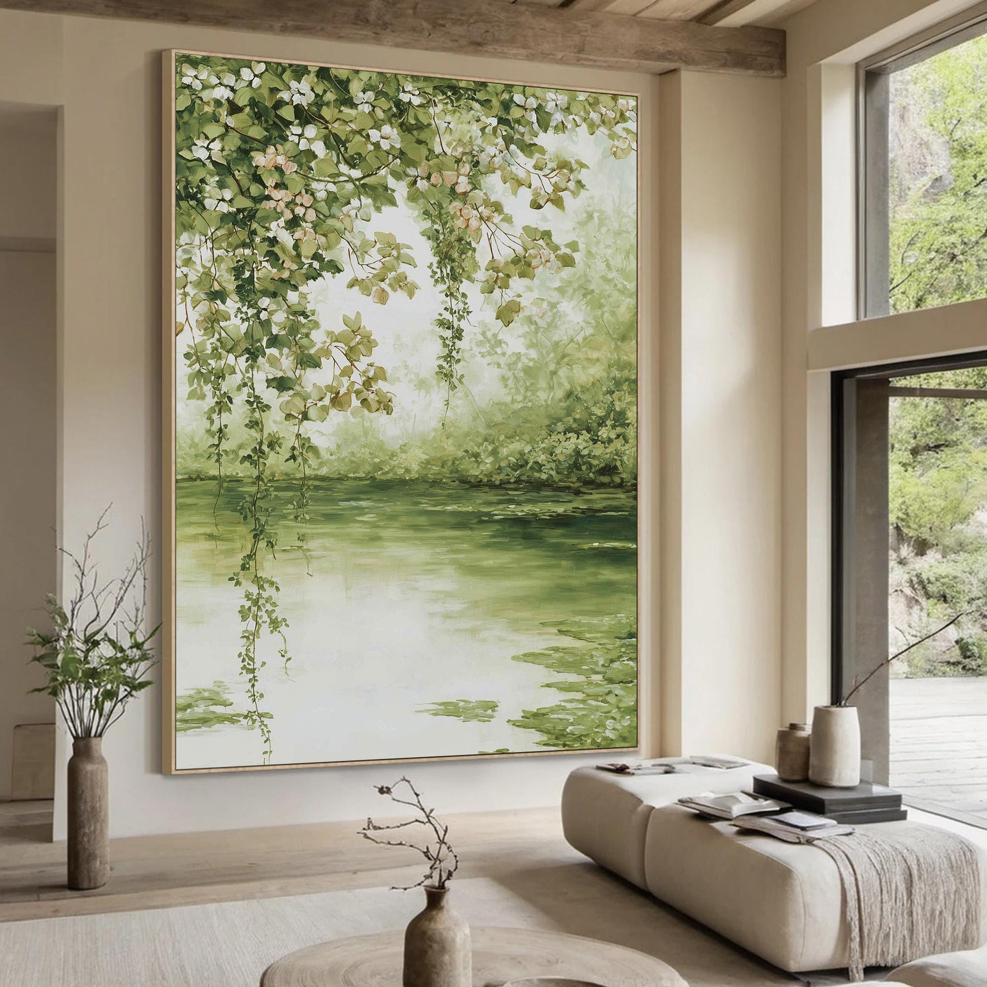 Vintage Pond – Sage and Green Lake Landscape Wall Art | Textured Painting, view 2