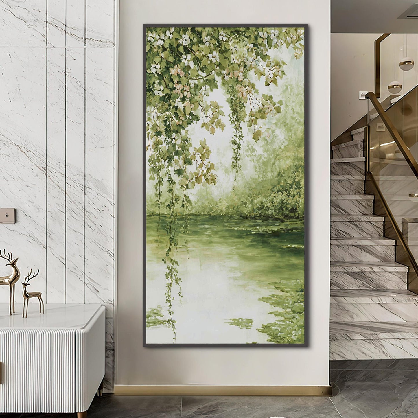 Vintage Pond – Sage and Green Lake Landscape Wall Art | Textured Painting, view 4