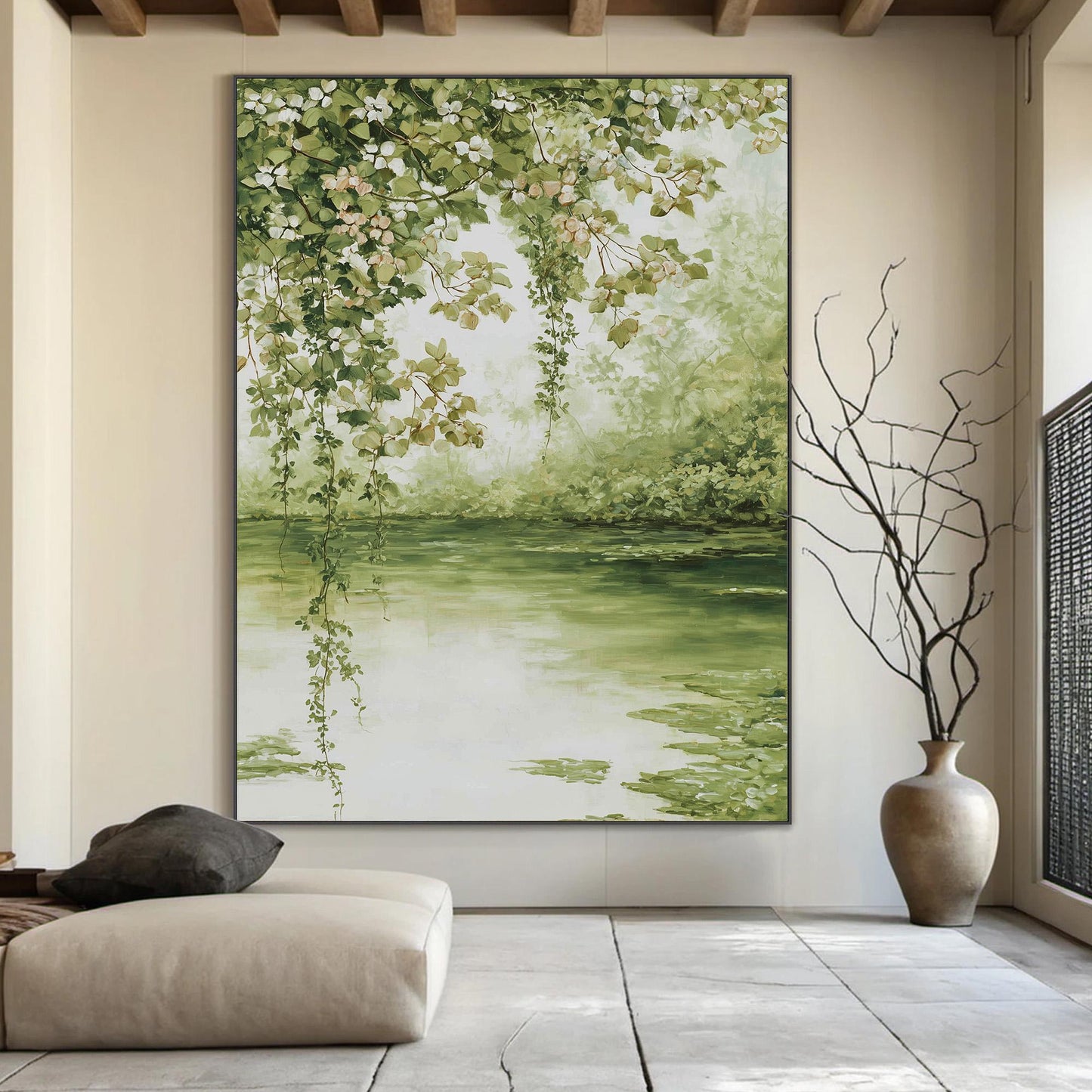 Vintage Pond – Sage and Green Lake Landscape Wall Art | Textured Painting, view 1