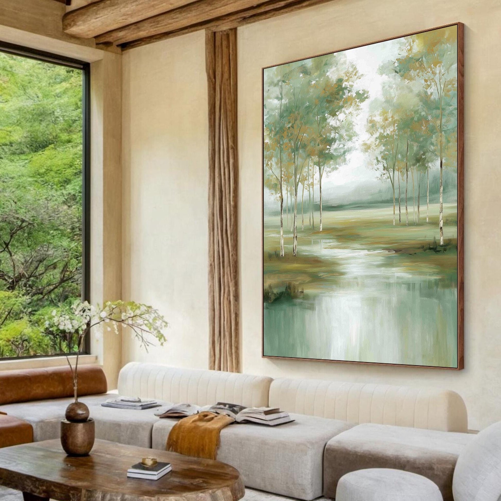 Original – Green and Gold Forest Tree Wall Art | Hand-Painted Oil Painting, view 3