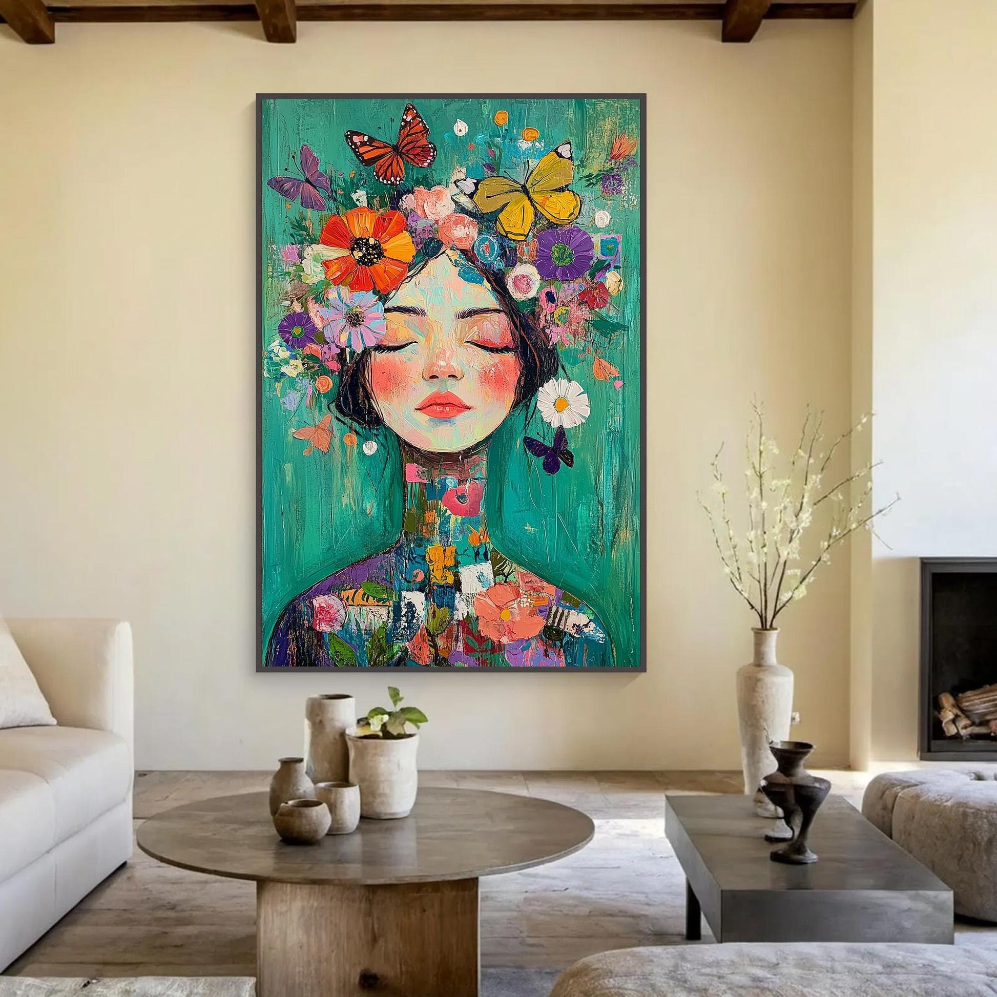 Fantasy Portrait Painting, Woman with – Orange and Yellow Figurative Figure Portrait Wall Art | Boho Hand-Painted Painting, v