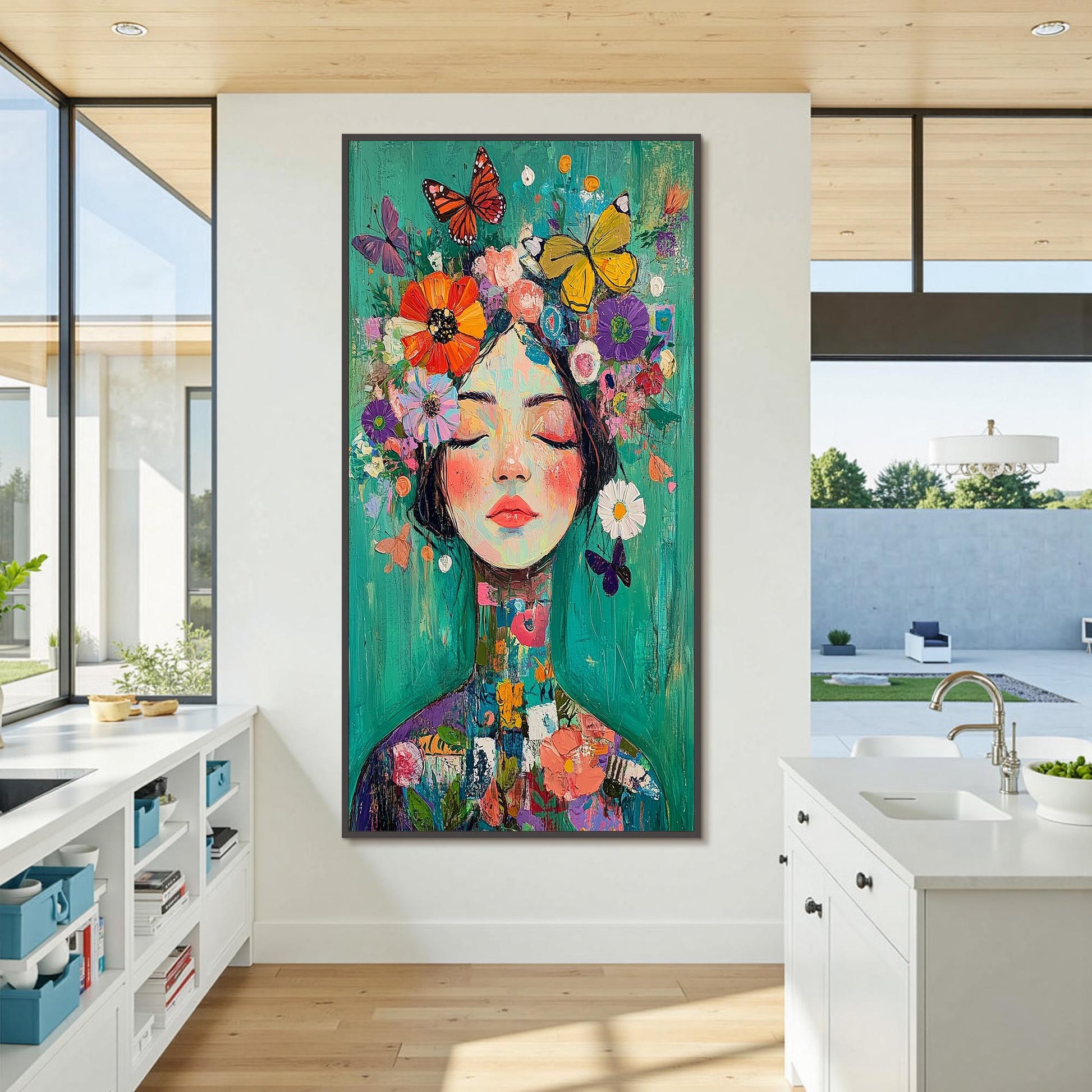 Fantasy Portrait Painting, Woman with – Orange and Yellow Figurative Figure Portrait Wall Art | Boho Hand-Painted Painting, v