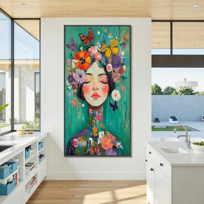 Fantasy Portrait Painting, Woman with – Orange and Yellow Figurative Figure Portrait Wall Art | Boho Hand-Painted Painting, v