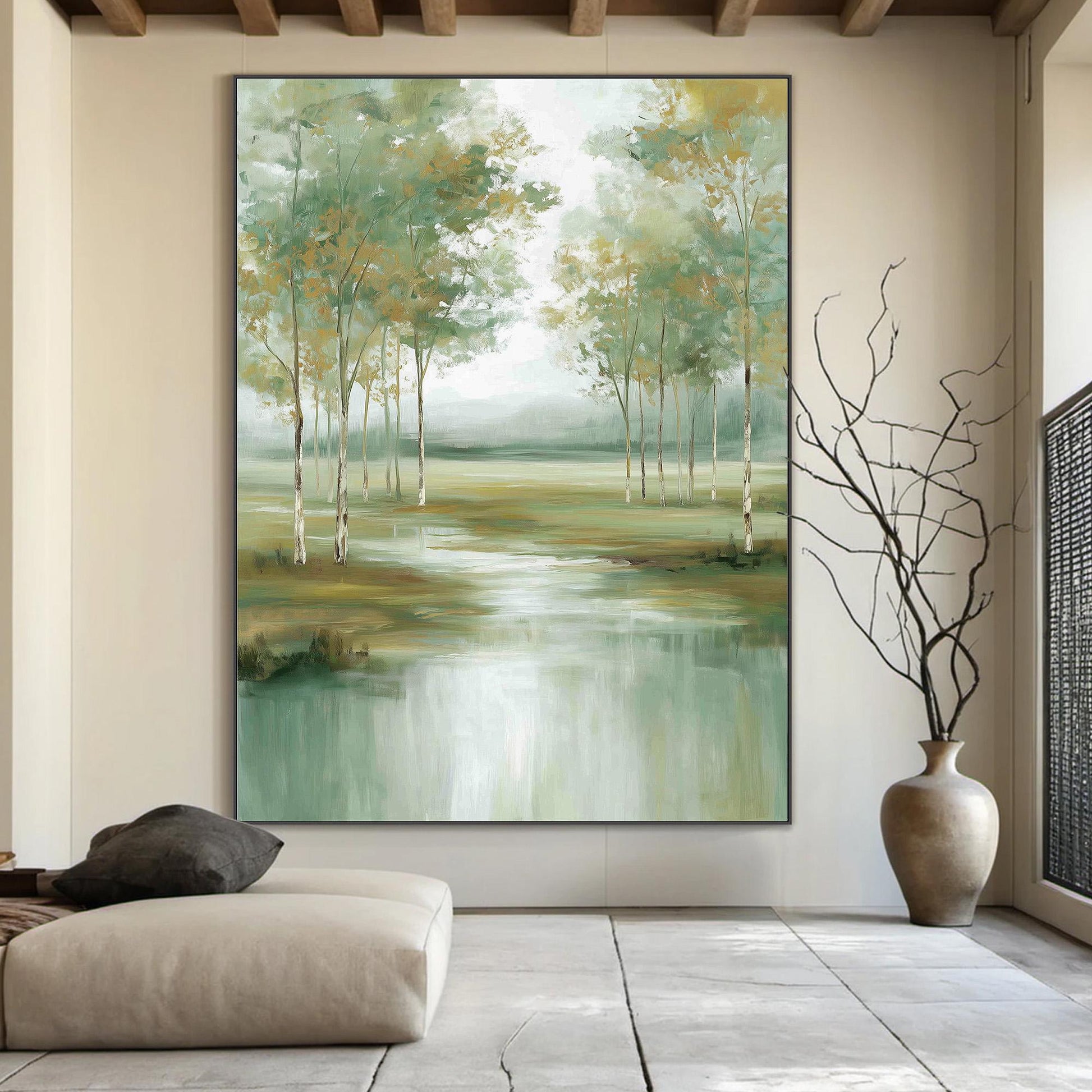 Original – Green and Gold Forest Tree Wall Art | Hand-Painted Oil Painting, view 1