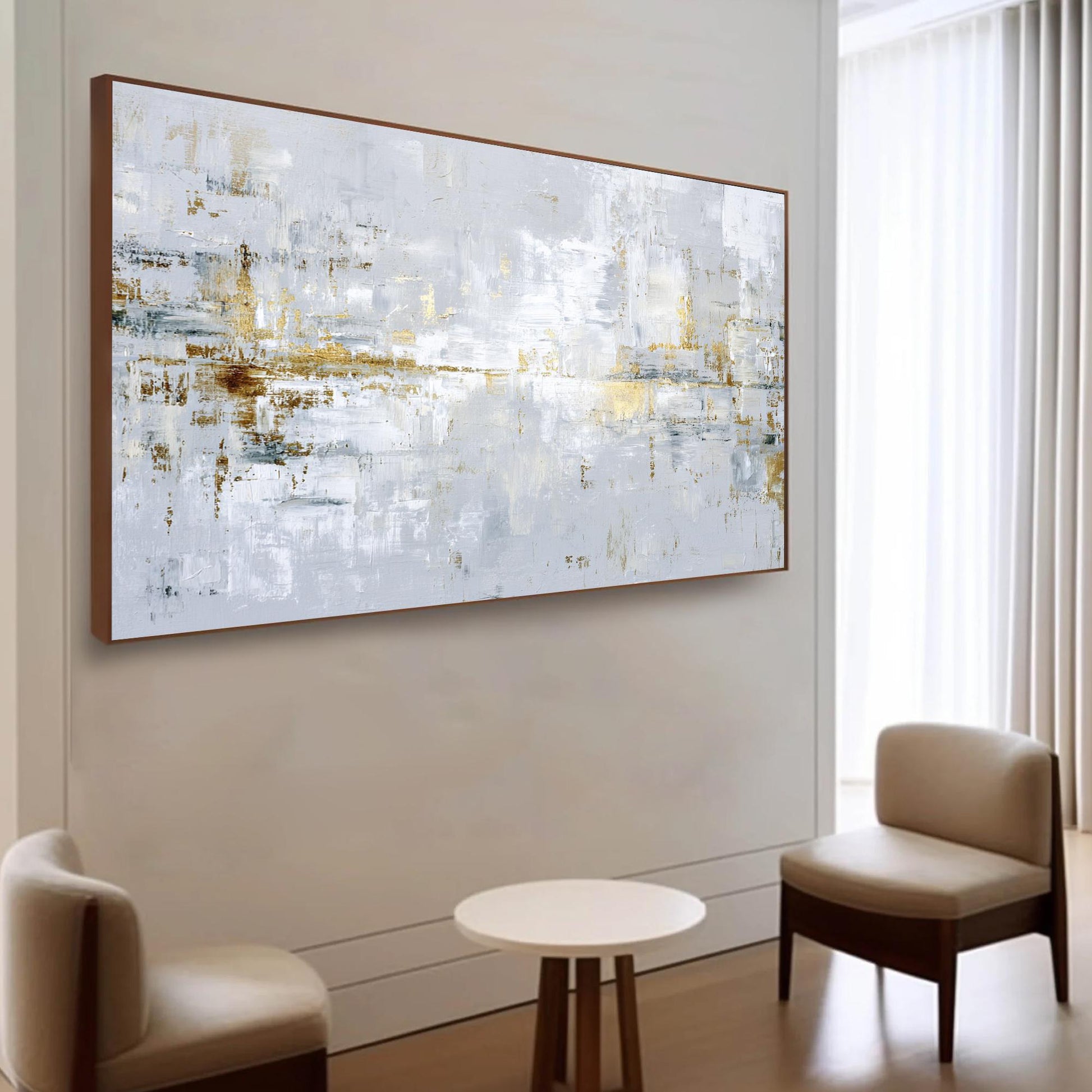 Abstract Textured Painting, Gold Leaf Silver White Canvas, Modern Minimalist Luxury Home Decor – Gold and Silver Botanical Le
