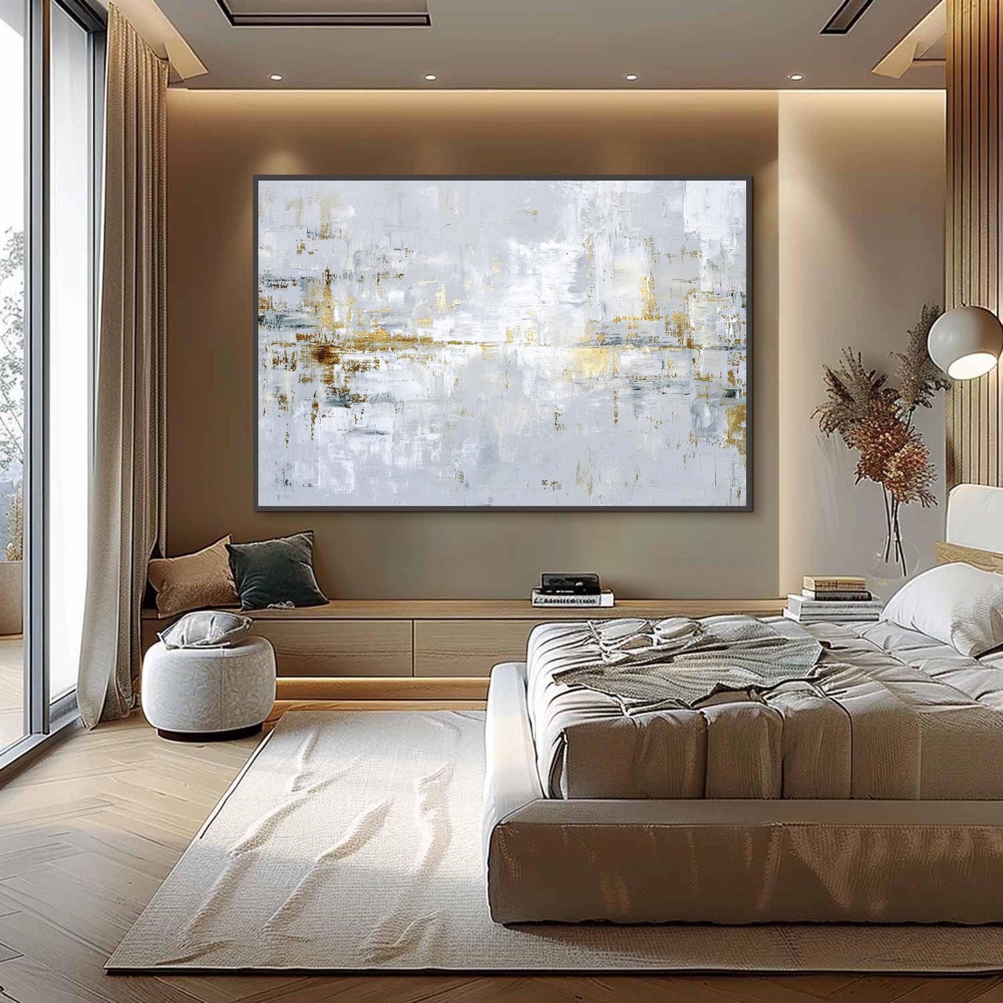 Gold and Silver Minimalist Impasto Leaf Wall Art – Abstract Textured Painting