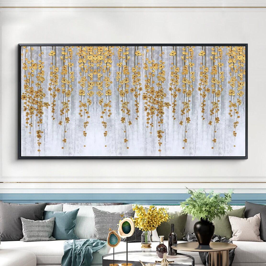 Gold Foil Flower Painting on Canvas, Large Abstract Wall Art – Gold Floral Wall Art | Abstract Impasto Hand-Painted Oil Paint