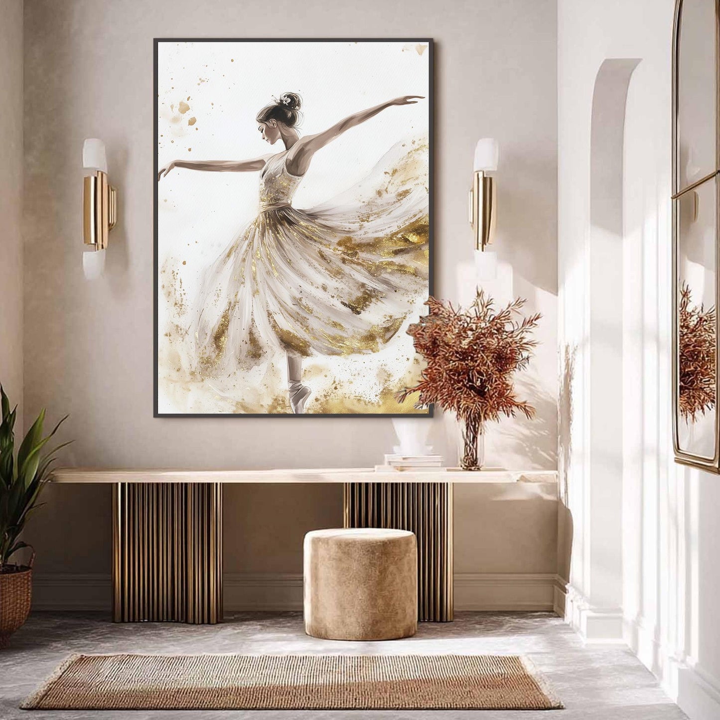 Gold Foil Ballerina Painting, Watercolor Dancer Wall Art, Elegant Figurative Canvas Decor – Gold Dancer Figure Portrait Wall 