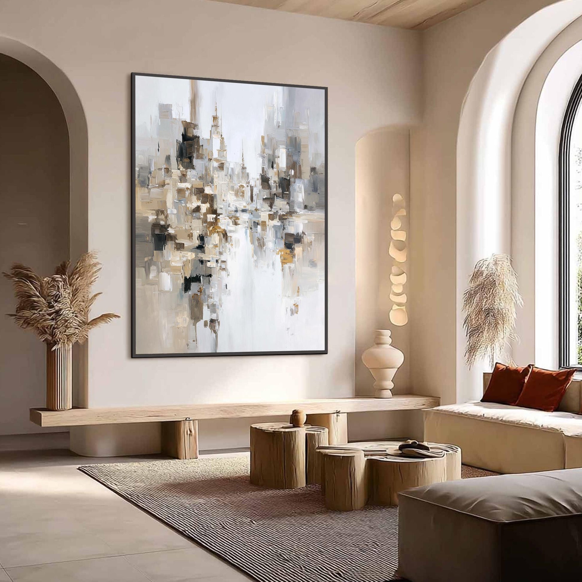 Large – Grey and Beige Architecture City Wall Art | Minimalist Impasto Hand-Painted Painting, view 2