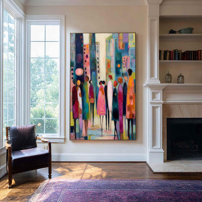 May include: Abstract painting depicting a crowd of people in a city setting. The artwork features a vibrant color palette with shades of pink, orange, blue, and yellow. The figures are stylized, with elongated forms and simple lines.
