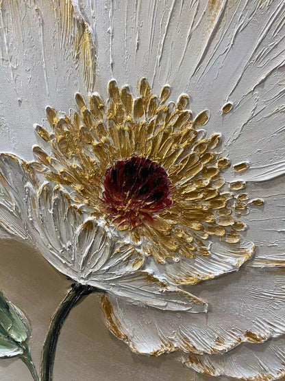 Gold and White Abstract Impasto Floral Wall Art – Hand-Painted 3D White