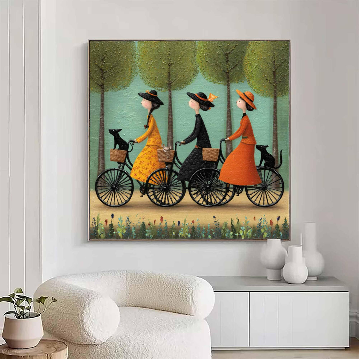 Bicycle Wall Art Vintage Folk Women With Pets Canvas Painting for Entryway Decor