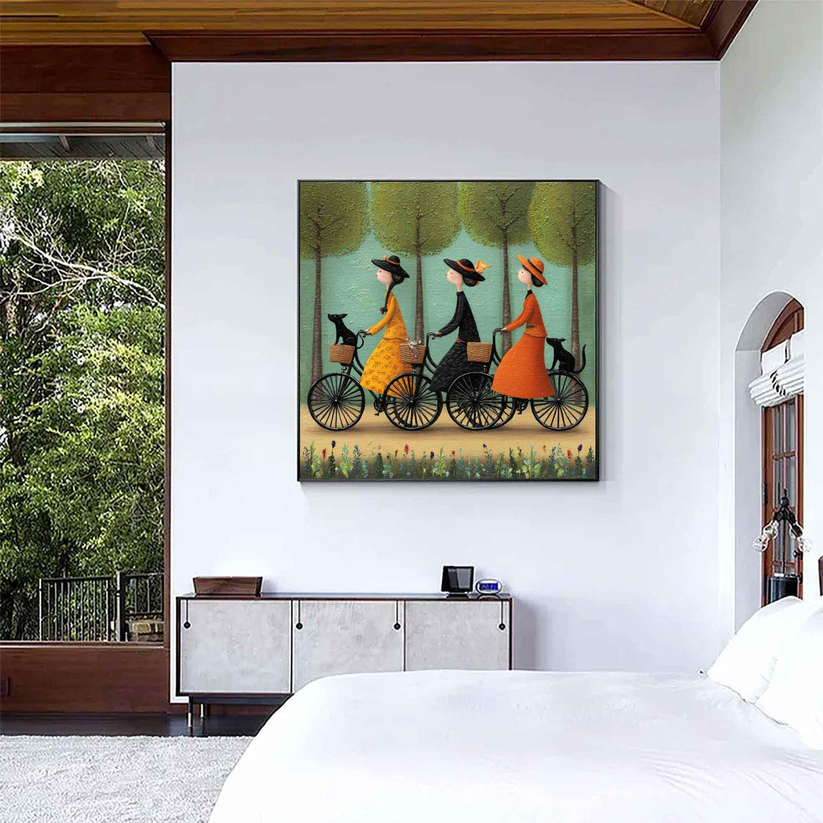 Bicycle Wall Art Vintage Folk Women With Pets Canvas Painting for Entryway Decor