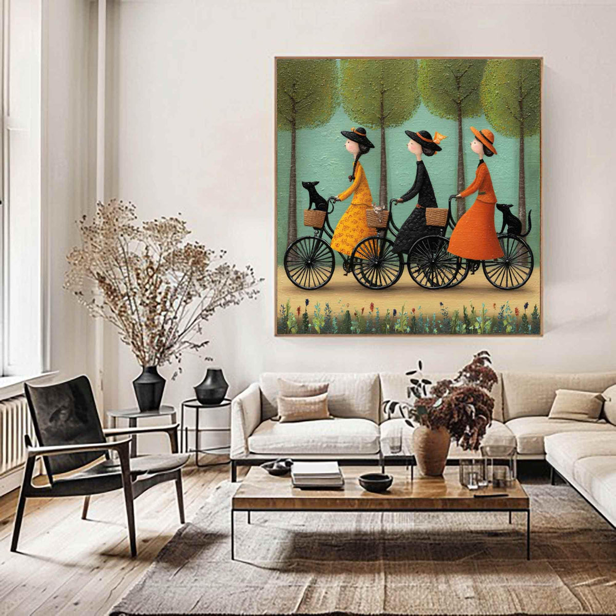 Bicycle Wall Art Vintage Folk Women With Pets Canvas Painting for Entryway Decor
