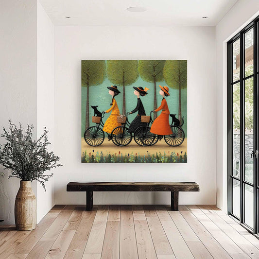 Bicycle Wall Art Vintage Folk Women With Pets Canvas Painting for Entryway Decor