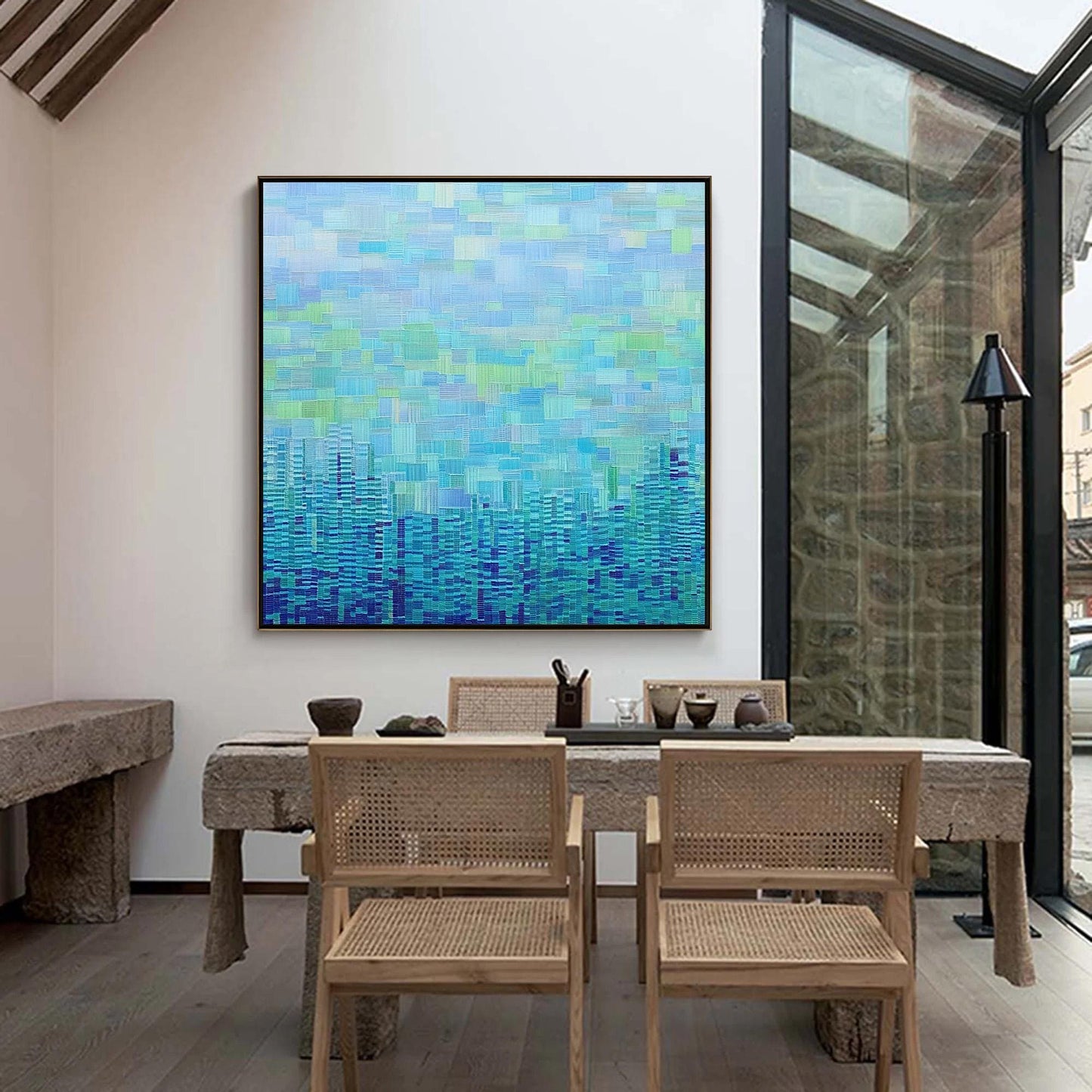 Blue and Green Abstract Textured City Architecture Wall Art