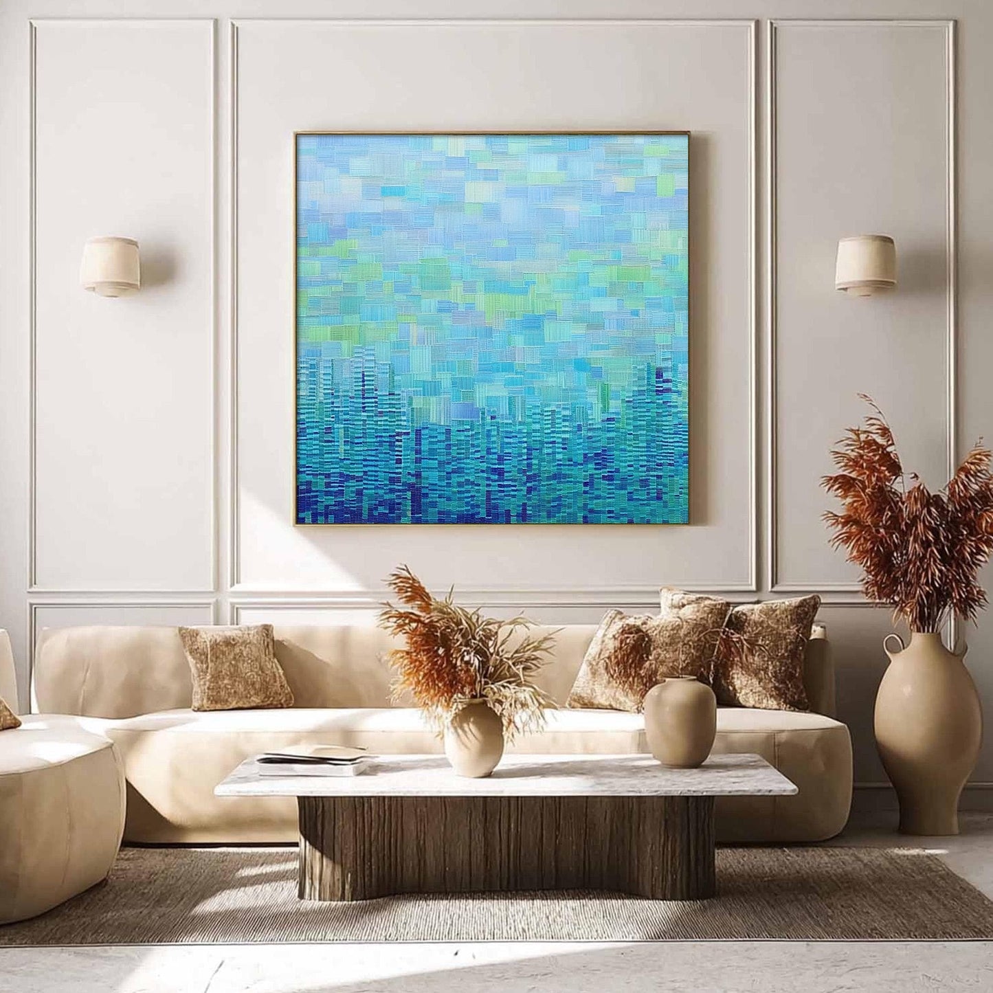 Blue and Green Abstract Textured City Architecture Wall Art