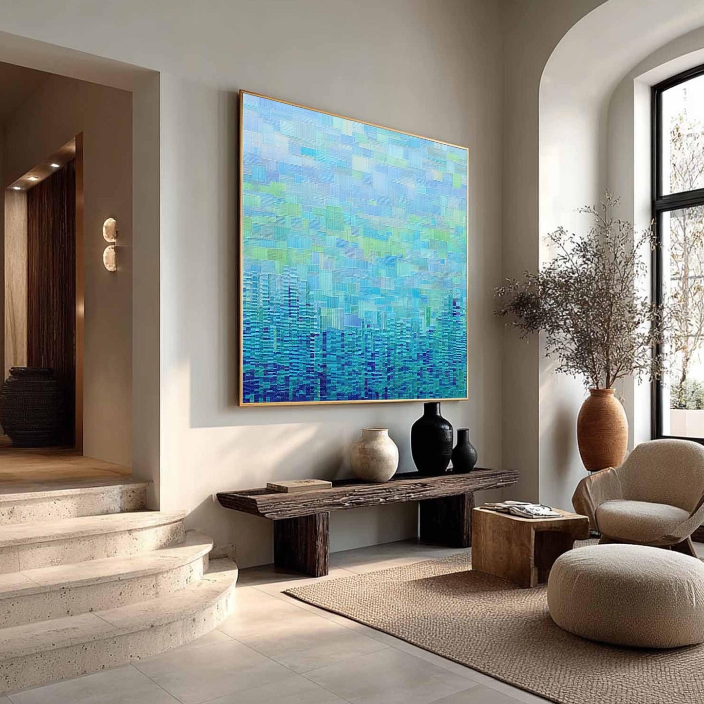 Large – Blue and Green City Skyline Architecture Wall Art | Abstract Textured Painting, view 3