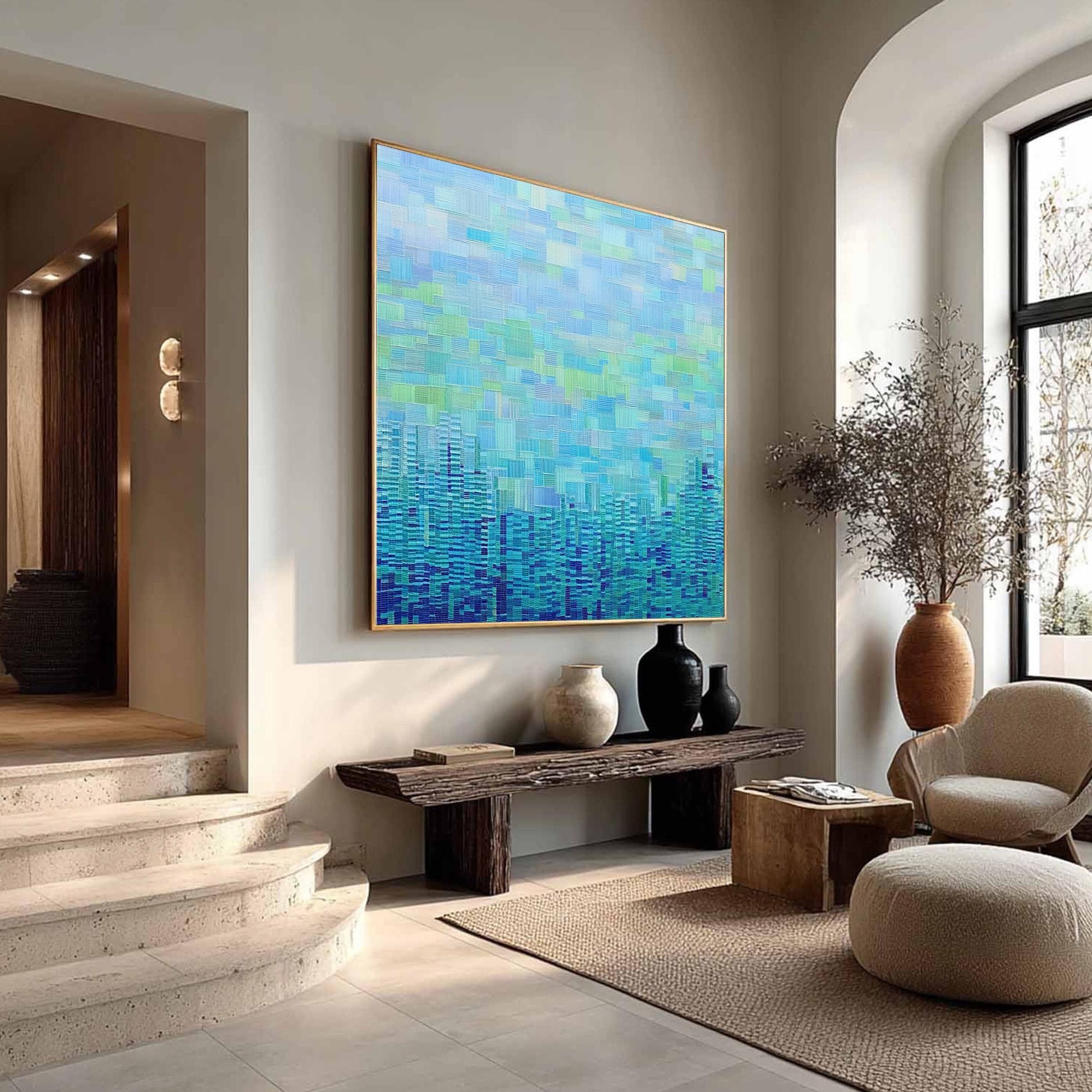 Large – Blue and Green City Skyline Architecture Wall Art | Abstract Textured Painting, view 3