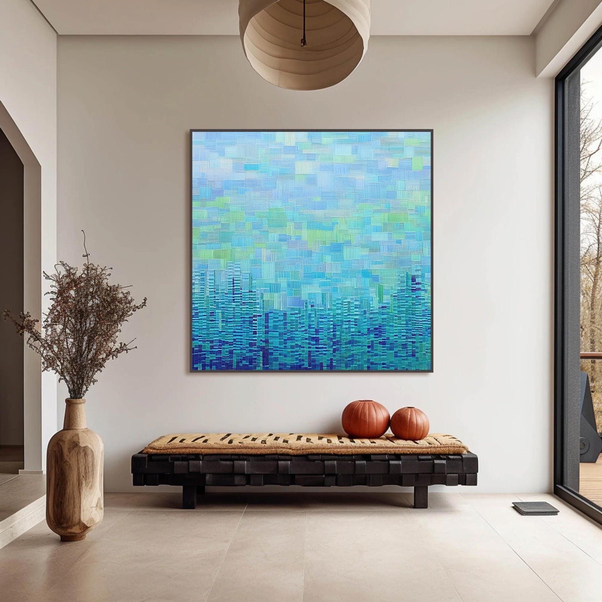 Large – Blue and Green City Skyline Architecture Wall Art | Abstract Textured Painting, view 1