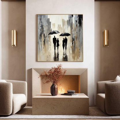 Textured Cityscape Painting with Couple and Umbrellas – Abstract Figure Portrait Wall Art