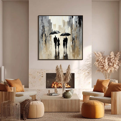 Textured Cityscape Painting, Couple with Umbrellas, Abstract Wall Art, Neutral Decor – Black and White Couple Figure Portrait
